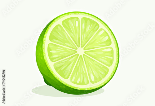 A lime is cut in half and shown in its cross section. The lime is green and has a slightly sour taste