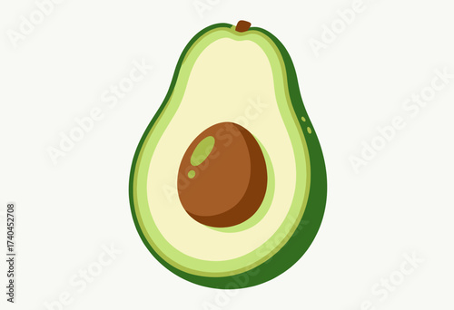 A green avocado with a brown seed in the middle. The avocado is cut in half, revealing the seed