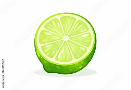 A lime is cut in half and shown in its cross section. The lime is green and has a slightly sour taste