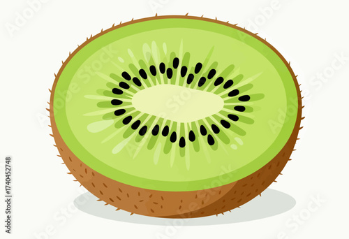 A green kiwi fruit with black seeds. The fruit is cut in half and the seeds are visible