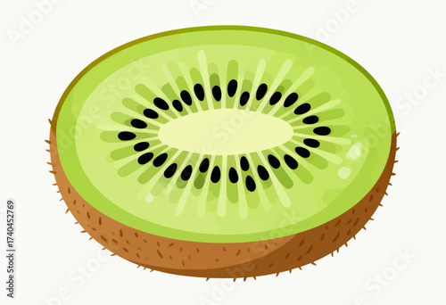 A green kiwi fruit with black seeds. The fruit is sliced in half and the seeds are visible
