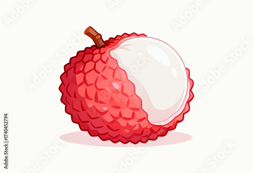 A red and white fruit with a white stem. The fruit is a lime. The lime is cut in half, revealing the white inside
