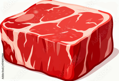 A piece of meat is shown in a close up. The meat is red and has a lot of fat