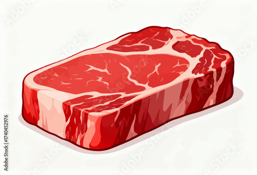 A piece of meat is shown in a white background. The meat is cut in half and is very red in color