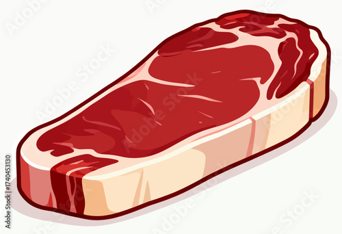 A cartoon drawing of a steak with a lot of red on it. The steak is cut in half and is shown from the side