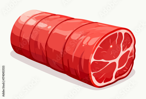 A piece of meat is shown with a white background. The meat is red and has a slice of orange on it
