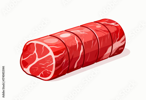 A long piece of red meat with a white background. The meat is cut into strips and is ready to be cooked