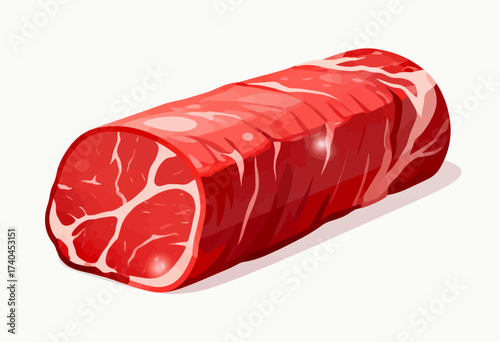A long piece of red meat is shown on a white background. The meat is cut into slices and he is fresh