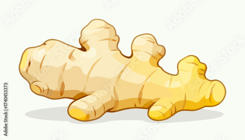 A piece of ginger root is shown in a white background. The ginger root is sliced and has a yellowish hue