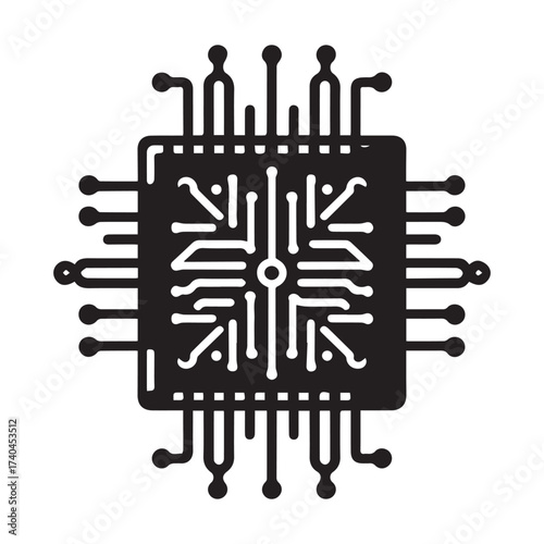 Black and white abstract icon of a computer processor chip with detailed internal circuit patterns and external pins