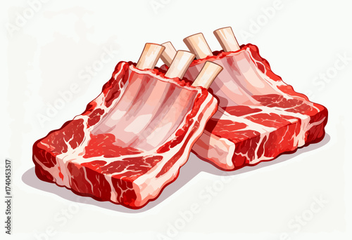 A close up of a rack of ribs with the bones showing. The ribs are cut into pieces and are displayed on a white background