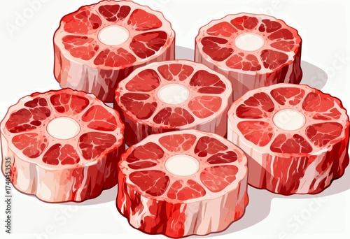 A close up of a piece of meat with a red center. The meat is cut into six pieces