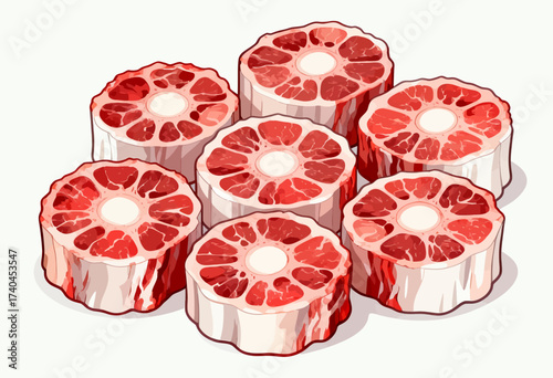 A close up of a piece of meat with a red center. The meat is cut into six pieces