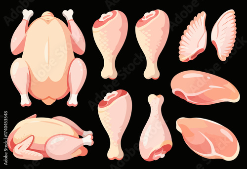 A collection of various meat pieces, including chicken, fish, and wings. Concept of abundance and variety in the selection of meats