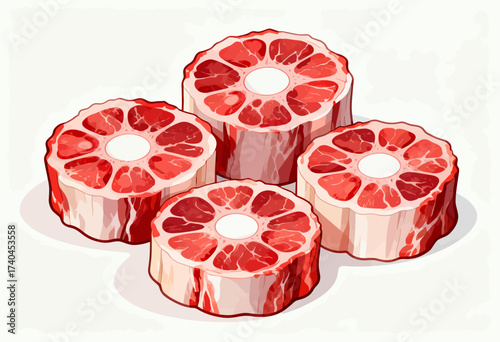 Four pieces of meat with a red center. The meat is cut into four pieces and is placed on a white background
