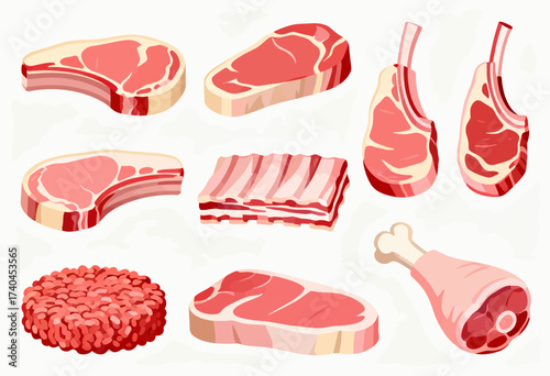 A collection of meat and meat products. The image is a collection of various meat products, including chicken, beef, and pork