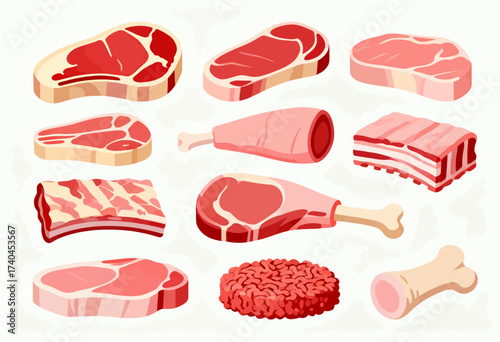 A collection of meat and bone pieces, including a variety of cuts of meat and a bone. Concept of abundance and variety, showcasing the different types of meat available