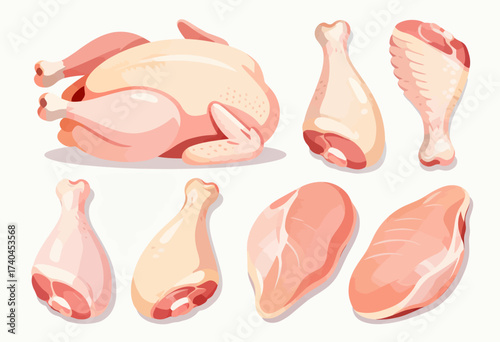 A collection of different types of meat, including chicken, turkey, and chicken wings. Concept of abundance and variety, as there are many different types of meat on display