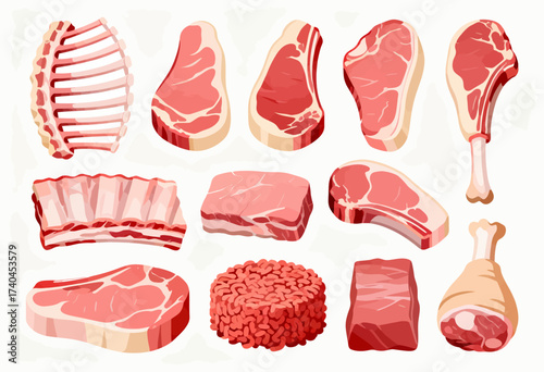 A collection of meat and poultry products are shown in a variety of shapes and sizes. Concept of abundance and variety
