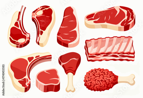 A collection of meat and poultry items, including chicken, beef, and pork. Concept of abundance and variety, showcasing the different types of meat available
