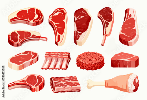 A collection of meat and poultry products, including chicken, beef, and pork. Concept of abundance and variety, showcasing the different types of meat available for consumption
