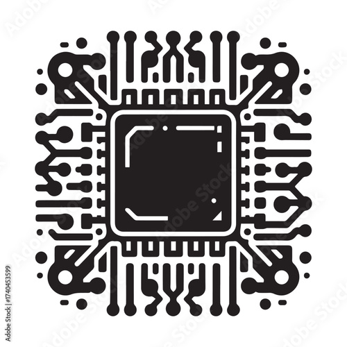 Black and white graphic icon of a central processing unit with a solid square center and intricate circuit patterns