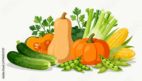A colorful assortment of vegetables including squash, corn, and peas. Concept of abundance and freshness