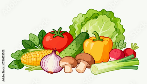 A colorful assortment of vegetables including tomatoes, onions, mushrooms, and radishes. Concept of freshness and abundance, highlighting the importance of incorporating healthy foods into one's diet