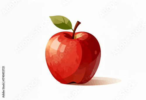 A red apple with a green leaf on top. The apple is the main focus of the image and it is the most prominent object