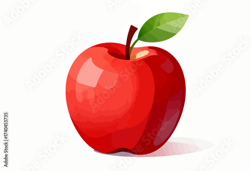 A red apple with a green leaf on top. The apple is the main focus of the image and it is fresh and ripe. The green leaf adds a touch of natural beauty to the apple, making it look even more appealing