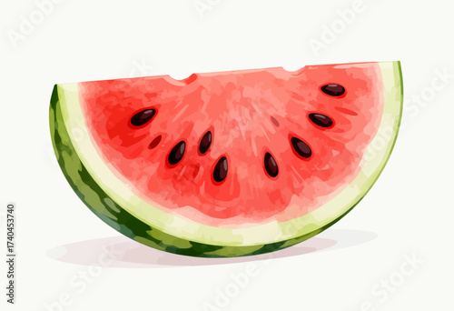 A slice of watermelon with black seeds. The watermelon is cut in half and the seeds are visible