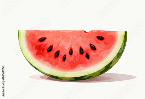A slice of watermelon with black seeds. The watermelon is cut in half and the seeds are visible