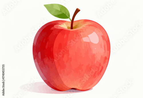 A red apple with a green leaf on top. The apple is the main focus of the image