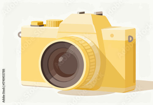 A yellow camera with a black lens. The camera is on a white background. The camera is a symbol of capturing memories and moments