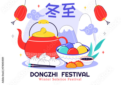 Dongzhi Festival Translation. Winter Solstice Festival Illustration Featuring Traditional Chinese Foods Tangyuan and Jiaozi in a Cultural Background