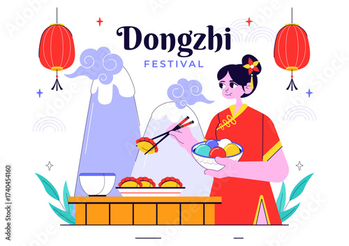 Dongzhi Festival Translation. Winter Solstice Festival Illustration Featuring Traditional Chinese Foods Tangyuan and Jiaozi in a Cultural Background