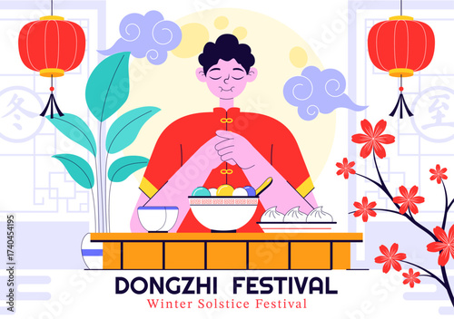 Dongzhi Festival Translation. Winter Solstice Festival Illustration Featuring Traditional Chinese Foods Tangyuan and Jiaozi in a Cultural Background