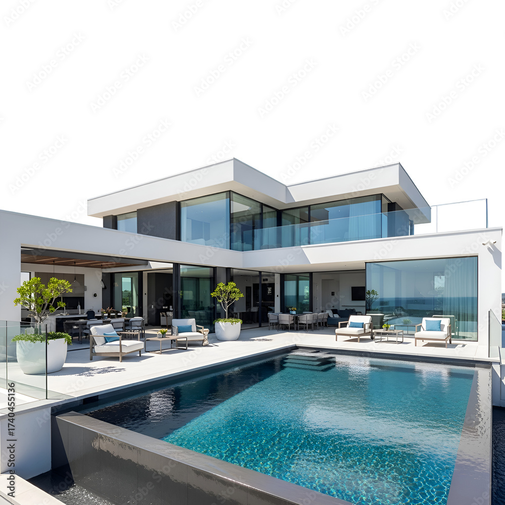 Fototapeta premium Modern Home Exterior Features Pool and Patio with Contemporary Design Elements on Sunny Day