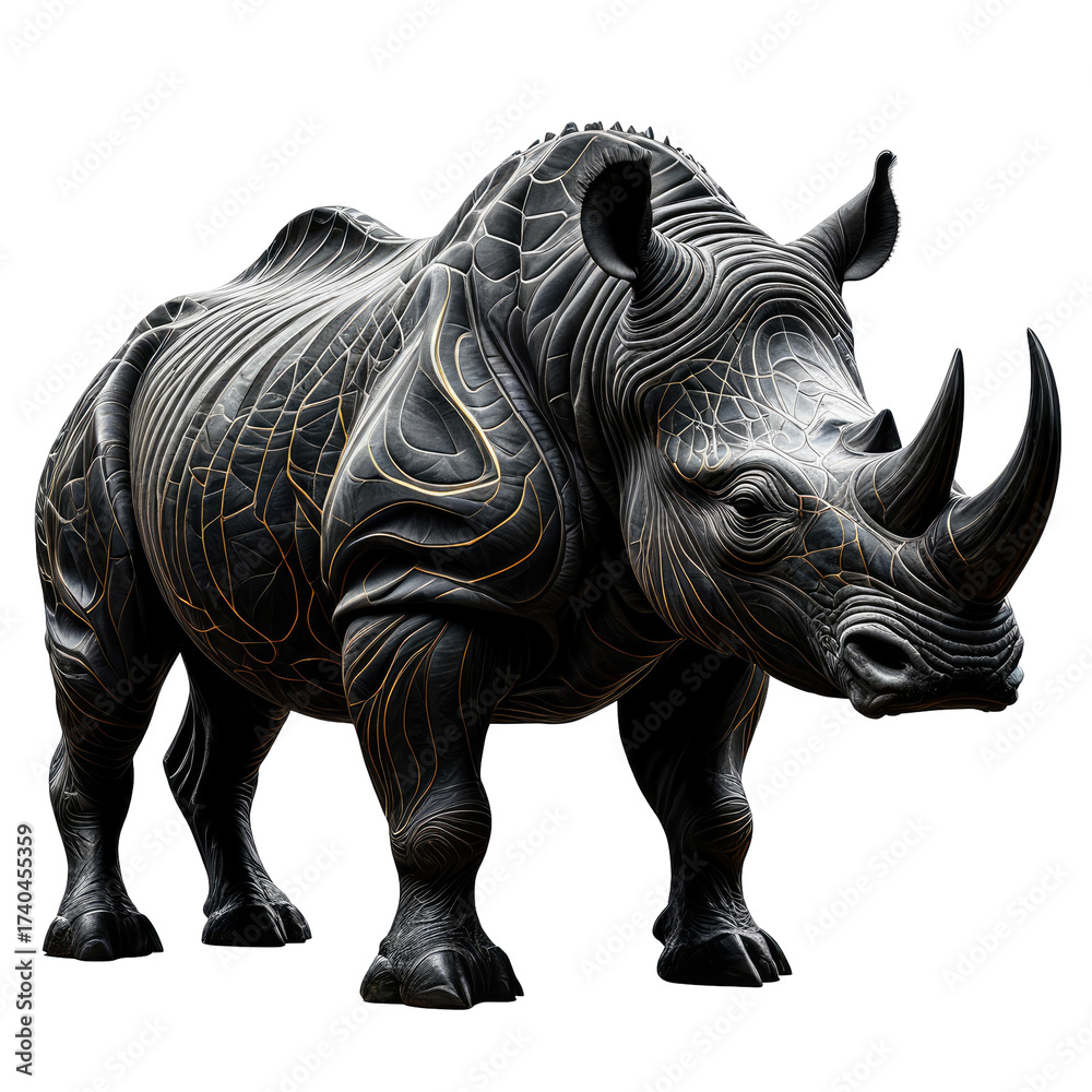 Fototapeta premium Detailed, ornate black rhinoceros statue with golden accents and a black background