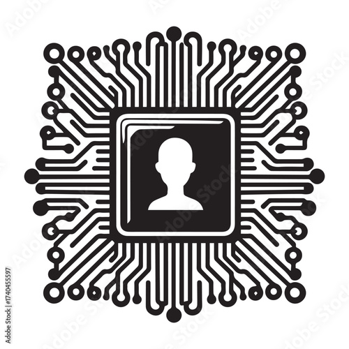 Black and white icon of a computer processor chip with a silhouette of a human head in the center and radiating circuit board lines Keywords: CPU, processor, microchip, chip, circuit board