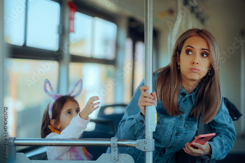 Disoriented Family Wants to Get Off at the Next Stop. Funny clueless mom trying to find the touristic destination on her phone