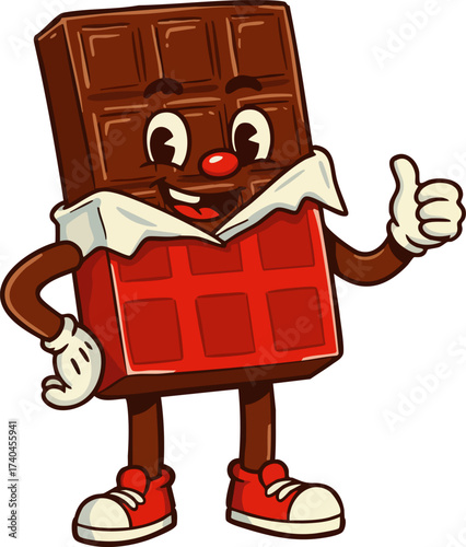 Cartoon chocolate bar character giving a thumbs up with a happy expression on its face