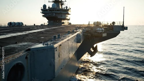 Majestic Aircraft Carrier Sailing on Open Sea at Sunrise or Sunset