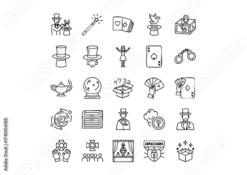 Abracadabra Vector Pack: Black & White Magic Icons, The Illusionist's Toolkit: Thick Line Magic Show Graphics, Hocus Pocus Line Art: Magician, Trick, & Stage Pictograms