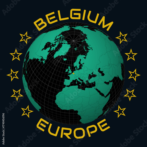 Kingdom of Belgium on Globe. Round country and continent name text. Country view on world map in Black Emerald color palette. Belgium shape on map. Captivating vector illustration.