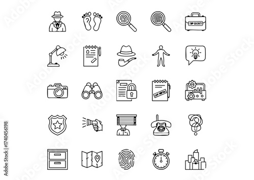 Private Eye Vector Pack: Black & White Detective Icons, Case Files Graphics: Thick Line Investigation & Mystery Icons, Sleuth Line Art Collection: Minimalist Spy and Clue Pictograms