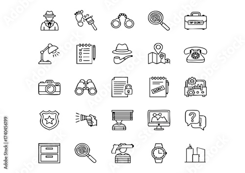 Private Eye Vector Pack: Black & White Detective Icons, Case Files Graphics: Thick Line Investigation & Mystery Icons, Sleuth Line Art Collection: Minimalist Spy and Clue Pictograms