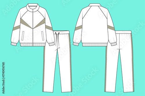 Retro Athleisure Tracksuit Set with Chevron Jacket and Side-Stripe Pants Apparel Technical Flat CAD Mockup Template.