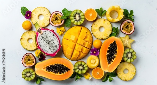 Arrangement of assorted tropical fruits on a light blue background