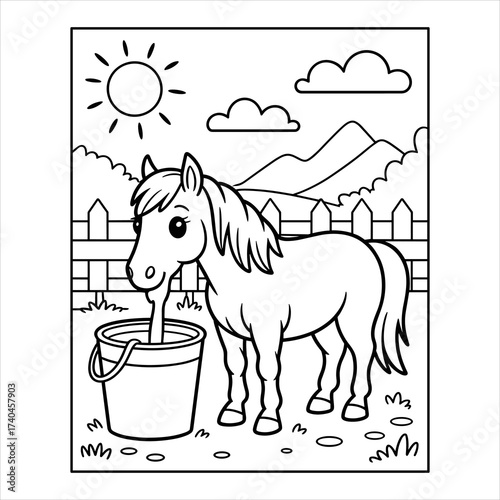 Cute Horse Coloring Page for Kids Cartoon Pony Drinking from Bucket, Happy Pony Illustration Printable Kids Activity Coloring Sheet on Farm, Cartoon Horse Outdoors – Fun Children's Coloring.